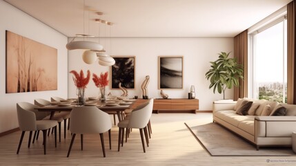 Fototapeta premium show flat interior design modern nature contemporary dining area daylight minimal decoration style home design concept, image ai generate
