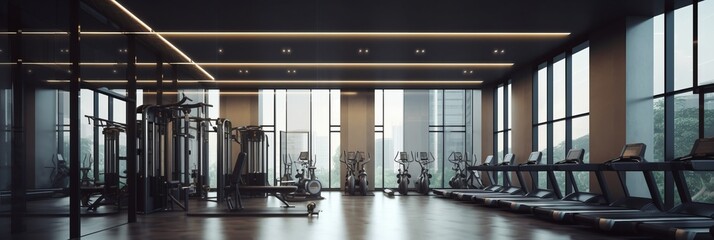 Fitness center gym interior design with daylight big window center city high rise building background Created with Generative AI Technology.