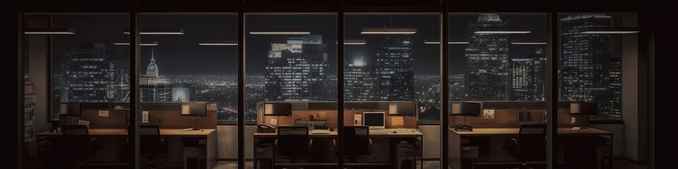night time office space with row of working office table and work station unit modern interior...
