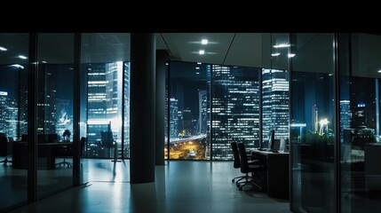 Fototapeta na wymiar night time office space with row of working office table and work station unit modern interior office design,Generative AI