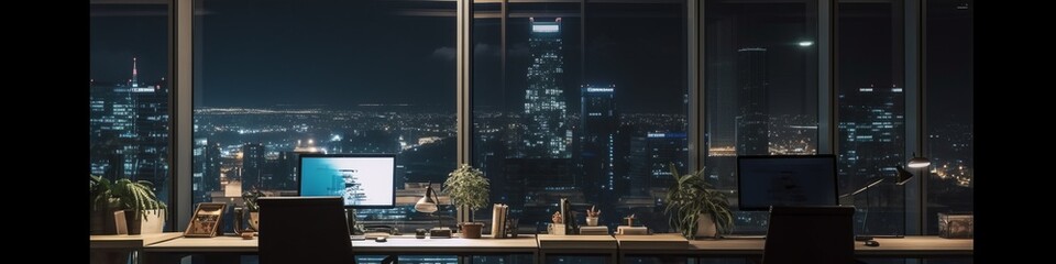 night time office space with row of working office table and work station unit modern interior office design,Generative AI