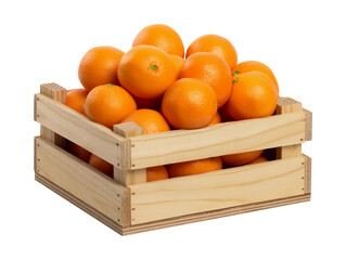 Mandarins in wooden box isolated on transparent or white background, png