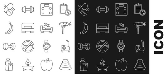 Set line Stack hot stones, Stationary bicycle, Carrot fork, Bathroom scales, Big bed, Banana, Vitamin pill and Time sleep icon. Vector