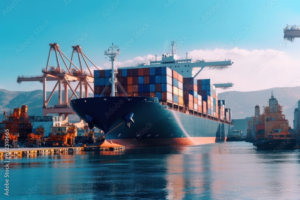 Poster container ship at the berth in cargo terminal of the port under loading. port cranes load containers