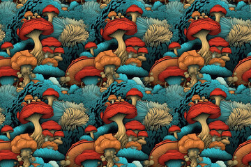 Obraz premium Repetitive mushroom pattern tile, blue and red toadstools. Detailed graphic seamless pattern with teal and carmin red elements for luxury background. Generative Ai.