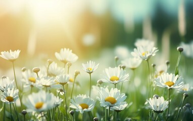 Fototapeta na wymiar A beautiful field of white daisies basking in the sunlight. AI