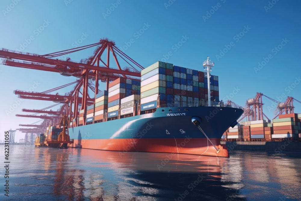 Poster container ship at the berth in cargo terminal of the port under loading. port cranes load containers