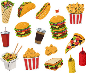 fast food, cartoon icons set, simple flat style, street high calorie food illustration.