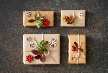 Christmas presents wrapped in ecological recycled paper - zero waste