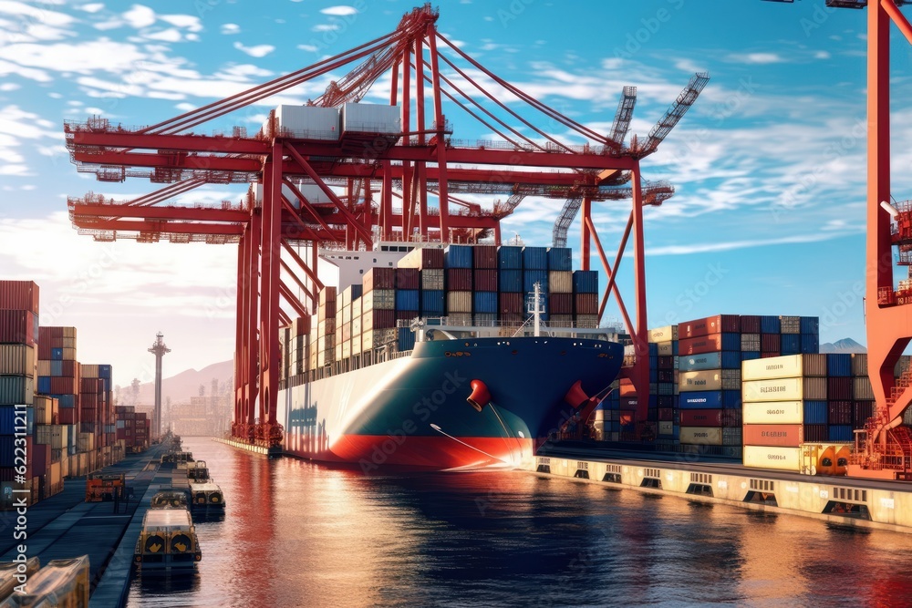 Poster container ship at the berth in cargo terminal of the port under loading. port cranes load containers