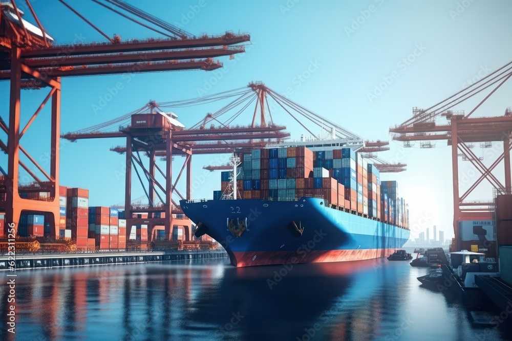 Poster container ship at the berth in cargo terminal of the port under loading. port cranes load containers