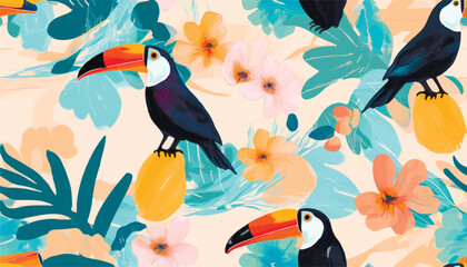 Hand drawn modern bohemian abstract floral pattern with toucan birds. Collage contemporary print. Fashionable template for design. © Eli Berr