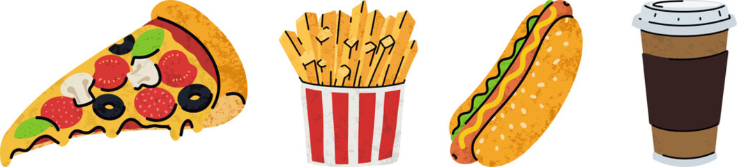 fast food, cartoon icons set, simple flat style, street high calorie food illustration.