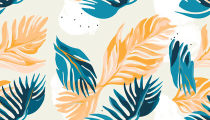 Fototapeta na wymiar Modern abstract tropical leaves pattern. Cute botanical polka dot seamless pattern. Hand drawn unique print.