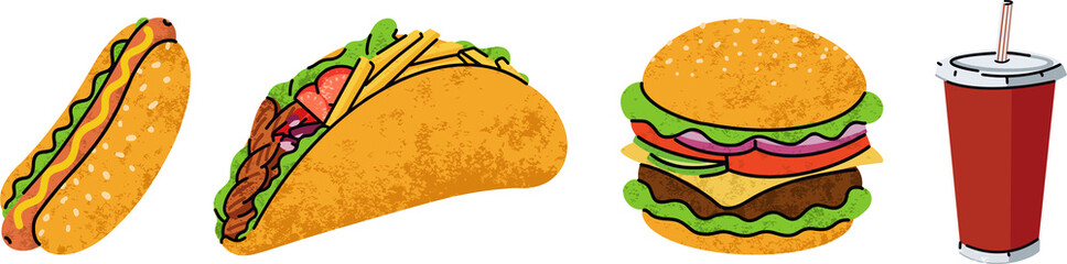 fast food, cartoon icons set, simple flat style, street high calorie food illustration.