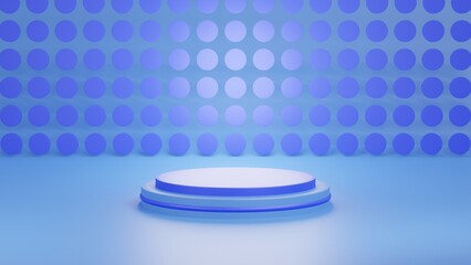 Blue podium display background. 3D rendering.