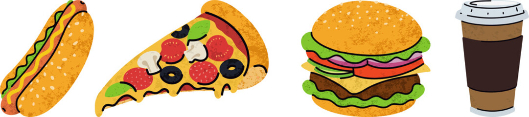 fast food, cartoon icons set, simple flat style, street high calorie food illustration.