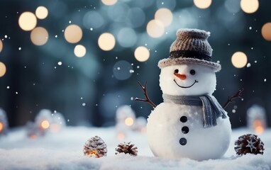 A snowman with a hat and scarf standing in the snow. AI