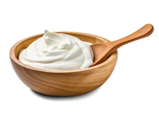 Fototapeta na wymiar Sour cream in wooden bowl and spoon, mayonnaise, yogurt, isolated on transparent or white background, png