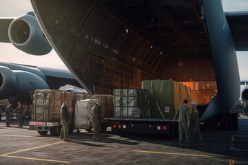 Transport aircraft in the hangar of cargo terminal. Large bales on the trolley ready for loading into the open cargo hold, employees at work. Global freight transportation concept. 3D illustration.