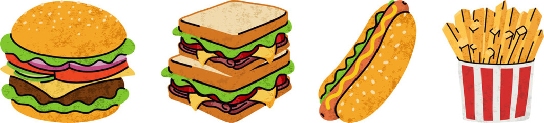 fast food, cartoon icons set, simple flat style, street high calorie food illustration.