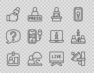 Set line Journalist id card, Radar, Breaking news, Weather forecast, Mobile recording, Live report and Interview icon. Vector