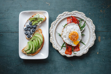 Breakfast Avocado and Blueberry Toast and Bacon Fried Egg Toast