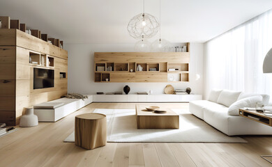 Fototapeta na wymiar White sofa against tv unit and wooden shelf on white wall. Scandinavian minimalist home interior design of modern living room. Created with generative AI