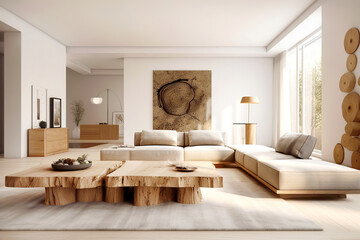 Two wooden live edge stump coffee tables near corner sofa in spacious apartment. Scandinavian minimalist home interior design of modern living room. Created with generative AI