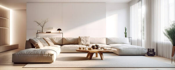 Modular corner sofa in spacious room. Minimalist home interior design of modern living room. Created with generative AI