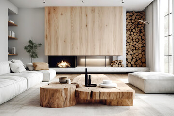 Tree stump coffee table near white sofa and pouf against wood paneling wall with fireplace and stack of firewood. Scandinavian style home interior design of modern living room. generative AI