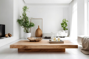 Wooden coffee table between sofa and tv. Scandinavian minimalist home interior design of modern living room. Created with generative AI