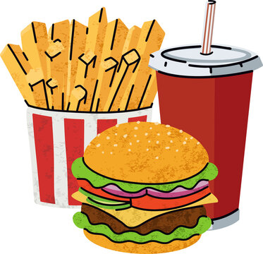 fast food, cartoon icons, simple flat style, street high calorie food illustration.