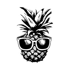 Pineapple with sunglasses, black vector art, isolated on white background, vector illustration.