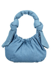Beautiful medium-sized women's handbag made of blue denim on a denim strap with knots, isolated on a white background. - 622312091