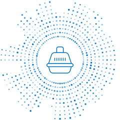Blue line Pet carry case icon isolated on white background. Carrier for animals, dog and cat. Container for animals. Animal transport box. Abstract circle random dots. Vector