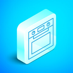 Isometric line Oven icon isolated on blue background. Stove gas oven sign. Silver square button. Vector
