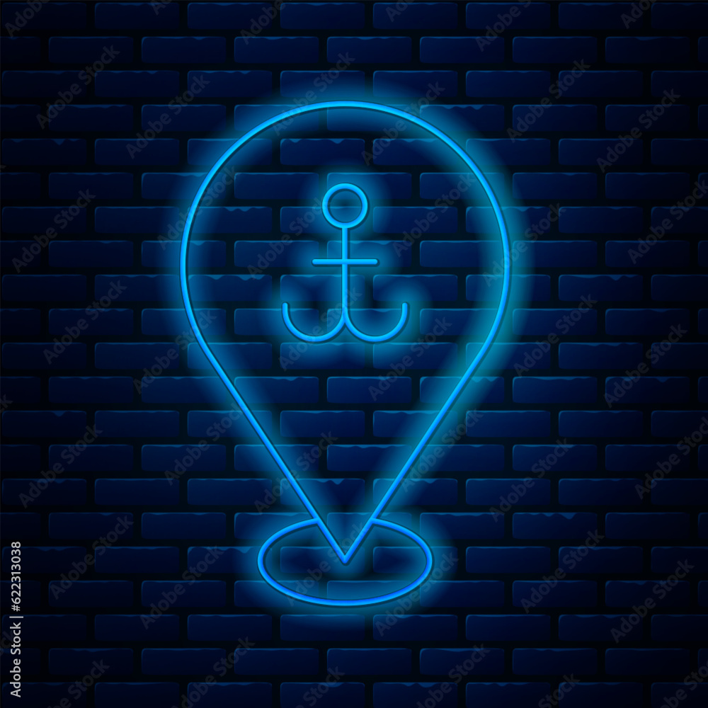 Poster glowing neon line map pointer with anchor icon isolated on brick wall background. vector