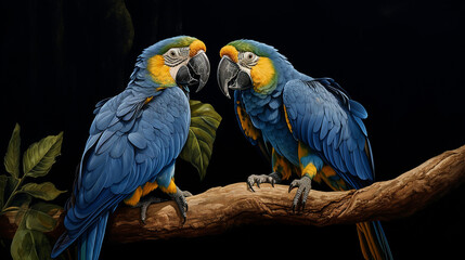 Obraz premium Two Hyacinthine Macaws Perched on a Branch playing funny. ,generative AI