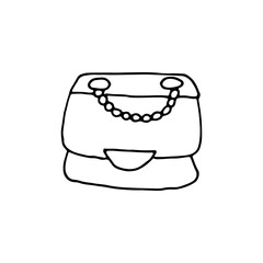 Women's handbag with chain handle. Accessory. Haberdashery. Doodle. Vector illustration. Hand drawn. Outline.