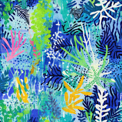 Fototapeta na wymiar Tropical modern coastal pattern clash fabric coral reef print for summer beach textile designs with a linen cotton effect. Seamless trendy underwater kelp and seaweed repeat background
