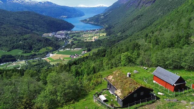Village in the mountains. Beautiful nature. Loen, Norway. 