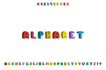 Colorful childish english doodle alphabet. Cartoon cute tree dimensional font. Creative funny latin letters and numerals isolated on white background