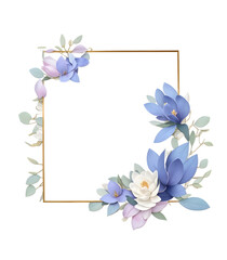 square gold frame with magnolia flowers and eucalyptus leaves on transparent background,generative ai