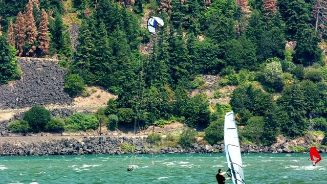 Windsurfing Thrills: Exhilarating Views of Windsurfers on the Columbia River in Oregon, USA, Immortalized in Stunning 4K Resolution