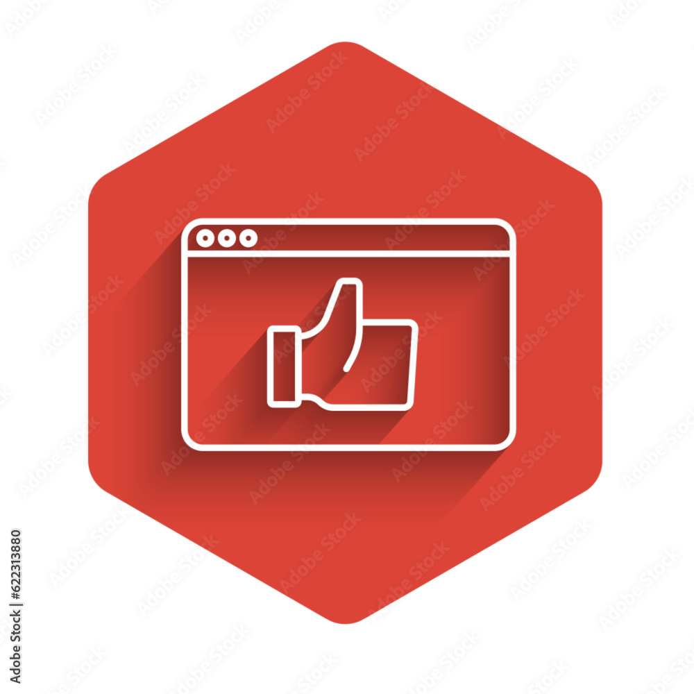 Poster white line consumer or customer product rating icon isolated with long shadow. red hexagon button. v