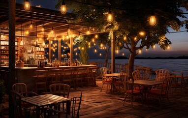 Fototapeta na wymiar Illuminated summer beach cafe, Generative Ai