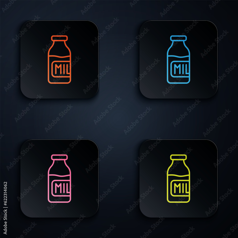 Sticker color neon line closed glass bottle with milk icon isolated on black background. set icons in square