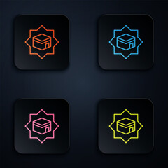 Color neon line Kaaba mosque icon isolated on black background. Kaaba hajj Mecca pray pilgrimage Ramadan Islam muslim mosque. Set icons in square buttons. Vector