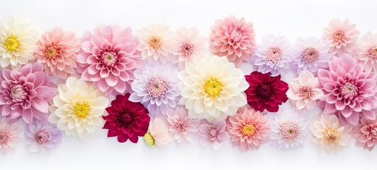 Fototapeta na wymiar Blooming flowers spring banner - Colorful dahlia, isolated on a white background, top view (Generative Ai)